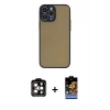 MARSİLYAN™- iPhone 15 Pro Max Kılıf Ahenk Çizgi Serisi - Siyah Buffer Hayalet Cam Ekran Koruyucu + Turuncu PVD Metal Kamera Lens