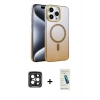 MARSİLYAN™- iPhone 15 Pro Max Kılıf Ahenk Doku Özel Seri - Şeffaf Pasifik Cam Ekran Koruyucu + PVD Metal Kamera Lens - SH