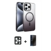 MARSİLYAN™- iPhone 15 Pro Max Kılıf Ahenk Doku Özel Seri - Siyah 3D Antistatik Hayalet Cam Ekran Koruyucu + PVD Metal Kamera Lens - LT