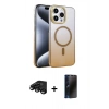 MARSİLYAN™- iPhone 15 Pro Max Kılıf Ahenk Doku Özel Seri - Siyah 3D Antistatik Hayalet Cam Ekran Koruyucu + Raze Metal Kamera Lens - SH