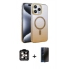 MARSİLYAN™- iPhone 15 Pro Max Kılıf Ahenk Doku Özel Seri - Siyah 3D Antistatik Hayalet Cam Ekran Koruyucu + PVD Metal Kamera Lens - TU