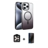 MARSİLYAN™- iPhone 15 Pro Max Kılıf Ahenk Doku Özel Seri - Siyah 3D Antistatik Hayalet Cam Ekran Koruyucu + PVD Metal Kamera Lens - TU