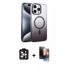 MARSİLYAN™- iPhone 15 Pro Max Kılıf Ahenk Doku Özel Seri - Siyah 3D Antistatik Mat Seramik Nano Ekran Koruyucu + Turuncu PVD Metal Kamera Lens