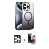 MARSİLYAN™- iPhone 15 Pro Max Kılıf Ahenk Doku Özel Seri - Siyah 3D Antistatik Mat Seramik Nano Ekran Koruyucu + Gümüş PVD Metal Kamera Lens