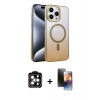 MARSİLYAN™- iPhone 15 Pro Max Kılıf Ahenk Doku Özel Seri - Siyah 3D Antistatik Mat Seramik Nano Ekran Koruyucu + Turuncu PVD Metal Kamera Lens