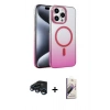 MARSİLYAN™- iPhone 15 Pro Max Kılıf Ahenk Doku Özel Seri - Siyah Bilvis 3D Mat Cam Ekran Koruyucu + Lacivert Raze Metal Kamera Lens