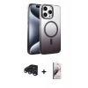MARSİLYAN™- iPhone 15 Pro Max Kılıf Ahenk Doku Özel Seri - Siyah Bilvis 3D Mat Cam Ekran Koruyucu + Lacivert Raze Metal Kamera Lens