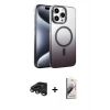MARSİLYAN™- iPhone 15 Pro Max Kılıf Ahenk Doku Özel Seri - Siyah Bilvis 3D Mat Cam Ekran Koruyucu + Titanyum Gri Raze Metal Kamera Lens