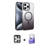 MARSİLYAN™- iPhone 15 Pro Max Kılıf Ahenk Doku Özel Seri - Siyah Bilvis 5in1 5D Magic Hayalet Cam Ekran Koruyucu + PVD Metal Kamera Lens - GS