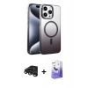 MARSİLYAN™- iPhone 15 Pro Max Kılıf Ahenk Doku Özel Seri - Siyah Bilvis 5in1 5D Magic Hayalet Cam Ekran Koruyucu + Titanyum Gri Raze Metal Kamera Lens