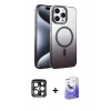MARSİLYAN™- iPhone 15 Pro Max Kılıf Ahenk Doku Özel Seri - Siyah Bilvis 5in1 5D Magic Hayalet Cam Ekran Koruyucu + PVD Metal Kamera Lens - LT