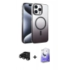 MARSİLYAN™- iPhone 15 Pro Max Kılıf Ahenk Doku Özel Seri - Siyah Bilvis 5in1 5D Magic Hayalet Cam Ekran Koruyucu + Raze Metal Kamera Lens - SH