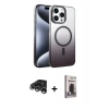 MARSİLYAN™- iPhone 15 Pro Max Kılıf Ahenk Doku Özel Seri - Siyah Bilvis Hayalet Cam Ekran Koruyucu + Gümüş Raze Metal Kamera Lens