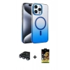 MARSİLYAN™- iPhone 15 Pro Max Kılıf Ahenk Doku Özel Seri - Siyah Buffer Cam Ekran Koruyucu + Lacivert Raze Metal Kamera Lens