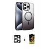MARSİLYAN™- iPhone 15 Pro Max Kılıf Ahenk Doku Özel Seri - Siyah Buffer Cam Ekran Koruyucu + PVD Metal Kamera Lens - LT