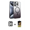 MARSİLYAN™- iPhone 15 Pro Max Kılıf Ahenk Doku Özel Seri - Siyah Buffer Cam Ekran Koruyucu + PVD Metal Kamera Lens - GS