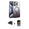 MARSİLYAN™- iPhone 15 Pro Max Kılıf Ahenk Doku Özel Seri - Siyah Buffer Hayalet Cam Ekran Koruyucu + Gümüş Raze Metal Kamera Lens