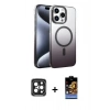 MARSİLYAN™- iPhone 15 Pro Max Kılıf Ahenk Doku Özel Seri - Siyah Buffer Hayalet Cam Ekran Koruyucu + Siyah PVD Metal Kamera Lens