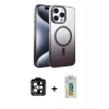 MARSİLYAN™- iPhone 15 Pro Max Kılıf Ahenk Doku Özel Seri - Siyah Polymer Nano Ekran Koruyucu + Turuncu PVD Metal Kamera Lens