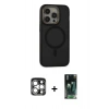 MARSİLYAN™- iPhone 15 Pro Max Kılıf Ahenk Form Serisi - Siyah 360 Mat Full Body Arka Koruyucu + Gümüş PVD Metal Kamera Lens