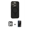 MARSİLYAN™- iPhone 15 Pro Max Kılıf Ahenk Form Serisi - Siyah 3D Antistatik Hayalet Cam Ekran Koruyucu + PVD Metal Kamera Lens - GS