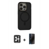 MARSİLYAN™- iPhone 15 Pro Max Kılıf Ahenk Form Serisi - Siyah 3D Antistatik Hayalet Cam Ekran Koruyucu + PVD Metal Kamera Lens - SH
