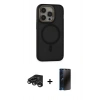 MARSİLYAN™- iPhone 15 Pro Max Kılıf Ahenk Form Serisi - Siyah 3D Antistatik Hayalet Cam Ekran Koruyucu + Titanyum Gri Raze Metal Kamera Lens