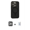 MARSİLYAN™- iPhone 15 Pro Max Kılıf Ahenk Form Serisi - Siyah Bilvis 0.18mm Plus Cam Ekran Koruyucu + PVD Metal Kamera Lens - GI