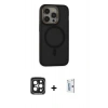 MARSİLYAN™- iPhone 15 Pro Max Kılıf Ahenk Form Serisi - Siyah Bilvis 0.18mm Plus Cam Ekran Koruyucu + PVD Metal Kamera Lens - SH
