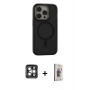 MARSİLYAN™- iPhone 15 Pro Max Kılıf Ahenk Form Serisi - Siyah Bilvis 3D Cam Ekran Koruyucu + PVD Metal Kamera Lens - GI