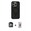 MARSİLYAN™- iPhone 15 Pro Max Kılıf Ahenk Form Serisi - Siyah Bilvis 3D Cam Ekran Koruyucu + PVD Metal Kamera Lens - TU