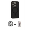 MARSİLYAN™- iPhone 15 Pro Max Kılıf Ahenk Form Serisi - Siyah Bilvis 3D Cam Ekran Koruyucu + PVD Metal Kamera Lens - GS