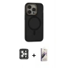 MARSİLYAN™- iPhone 15 Pro Max Kılıf Ahenk Form Serisi - Siyah Bilvis 3D Mat Cam Ekran Koruyucu + PVD Metal Kamera Lens - GI