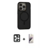 MARSİLYAN™- iPhone 15 Pro Max Kılıf Ahenk Form Serisi - Siyah Bilvis 3D Mat Cam Ekran Koruyucu + PVD Metal Kamera Lens - LT