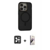 MARSİLYAN™- iPhone 15 Pro Max Kılıf Ahenk Form Serisi - Siyah Bilvis 3D Mat Cam Ekran Koruyucu + PVD Metal Kamera Lens - SH