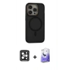 MARSİLYAN™- iPhone 15 Pro Max Kılıf Ahenk Form Serisi - Siyah Bilvis 5in1 5D Magic Hayalet Cam Ekran Koruyucu + PVD Metal Kamera Lens - SH