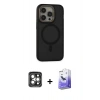 MARSİLYAN™- iPhone 15 Pro Max Kılıf Ahenk Form Serisi - Siyah Bilvis 5in1 5D Magic Hayalet Cam Ekran Koruyucu + PVD Metal Kamera Lens - GI