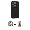 MARSİLYAN™- iPhone 15 Pro Max Kılıf Ahenk Form Serisi - Siyah Bilvis Hayalet Cam Ekran Koruyucu + PVD Metal Kamera Lens - GS