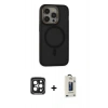 MARSİLYAN™- iPhone 15 Pro Max Kılıf Ahenk Form Serisi - Siyah Bilvis Hayalet Cam Ekran Koruyucu + PVD Metal Kamera Lens - SH