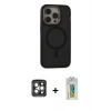 MARSİLYAN™- iPhone 15 Pro Max Kılıf Ahenk Form Serisi - Siyah Polymer Nano Ekran Koruyucu + Gri PVD Metal Kamera Lens