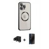 MARSİLYAN™- iPhone 15 Pro Max Kılıf Ahenk Işık Serisi - Siyah 3D Antistatik Hayalet Cam Ekran Koruyucu + Raze Metal Kamera Lens - SH