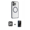 MARSİLYAN™- iPhone 15 Pro Max Kılıf Ahenk Işık Serisi - Siyah 3D Antistatik Hayalet Cam Ekran Koruyucu + PVD Metal Kamera Lens - SH