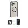 MARSİLYAN™- iPhone 15 Pro Max Kılıf Ahenk Işık Serisi - Siyah 3D Antistatik Hayalet Cam Ekran Koruyucu + PVD Metal Kamera Lens - SH