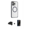MARSİLYAN™- iPhone 15 Pro Max Kılıf Ahenk Işık Serisi - Siyah 3D Antistatik Hayalet Cam Ekran Koruyucu + Raze Metal Kamera Lens - TMGI
