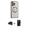 MARSİLYAN™- iPhone 15 Pro Max Kılıf Ahenk Işık Serisi - Siyah 3D Antistatik Hayalet Cam Ekran Koruyucu + Raze Metal Kamera Lens - TMGI