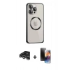 MARSİLYAN™- iPhone 15 Pro Max Kılıf Ahenk Işık Serisi - Siyah 3D Antistatik Mat Seramik Nano Ekran Koruyucu + Gümüş Raze Metal Kamera Lens