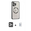MARSİLYAN™- iPhone 15 Pro Max Kılıf Ahenk Işık Serisi - Siyah Bilvis 0.18mm Plus Cam Ekran Koruyucu + PVD Metal Kamera Lens - SH
