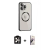 MARSİLYAN™- iPhone 15 Pro Max Kılıf Ahenk Işık Serisi - Siyah Bilvis 3D Mat Cam Ekran Koruyucu + Turuncu PVD Metal Kamera Lens