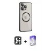 MARSİLYAN™- iPhone 15 Pro Max Kılıf Ahenk Işık Serisi - Siyah Bilvis 5in1 3D Magic Cam Ekran Koruyucu + Lacivert PVD Metal Kamera Lens