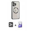 MARSİLYAN™- iPhone 15 Pro Max Kılıf Ahenk Işık Serisi - Siyah Bilvis 5in1 5D Magic Hayalet Cam Ekran Koruyucu + Siyah PVD Metal Kamera Lens